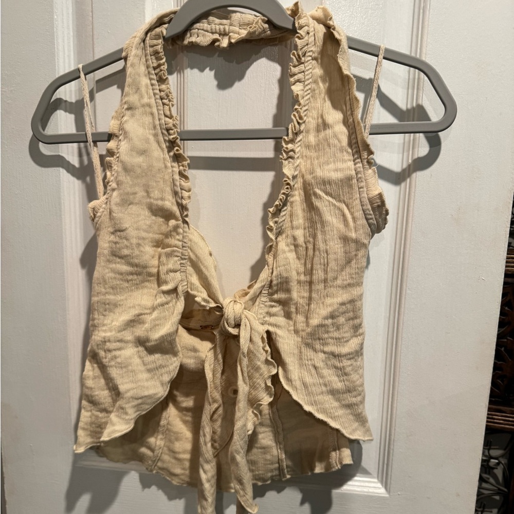 Free People Cream Ruffled Tie-Front Crop Top